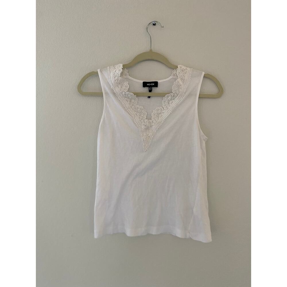 ME+EM White Lace Trim Tank Top Cotton Sleeveless V Neck Size 6